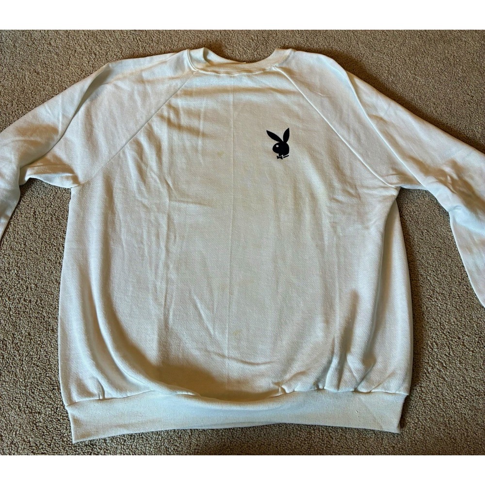 Playboy vintage Men's White Crewneck Fleece Pullover Sweatshirt Bunny Logo XL
